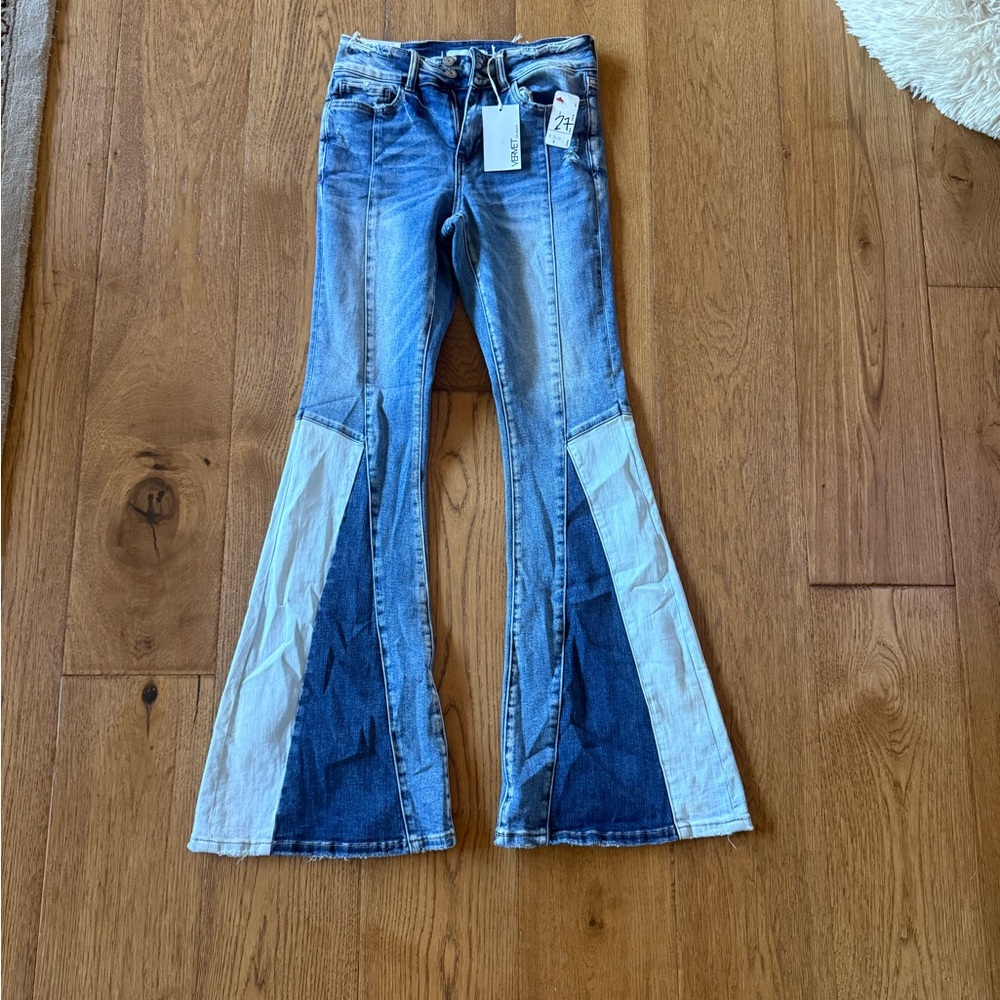 Patchwork Flare Jeans - Blue and White